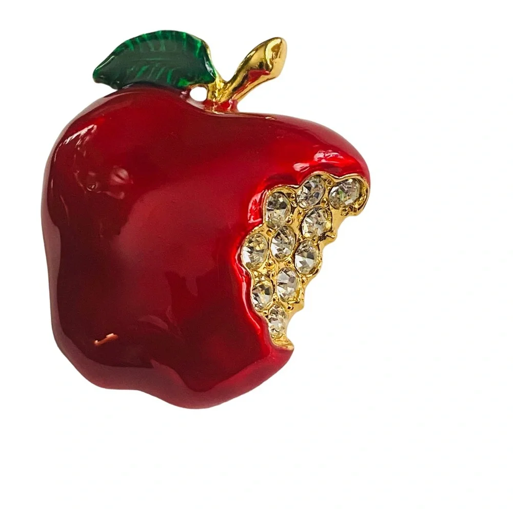 Vintage Brooch Shiny Apple Red Enamel Gold Tone Rhinestone Premier Designs